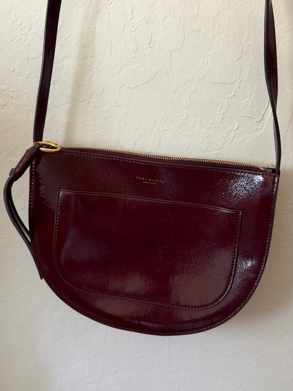 Tory Burch Burgundy Patent Leather Piper Saddle Crossbody